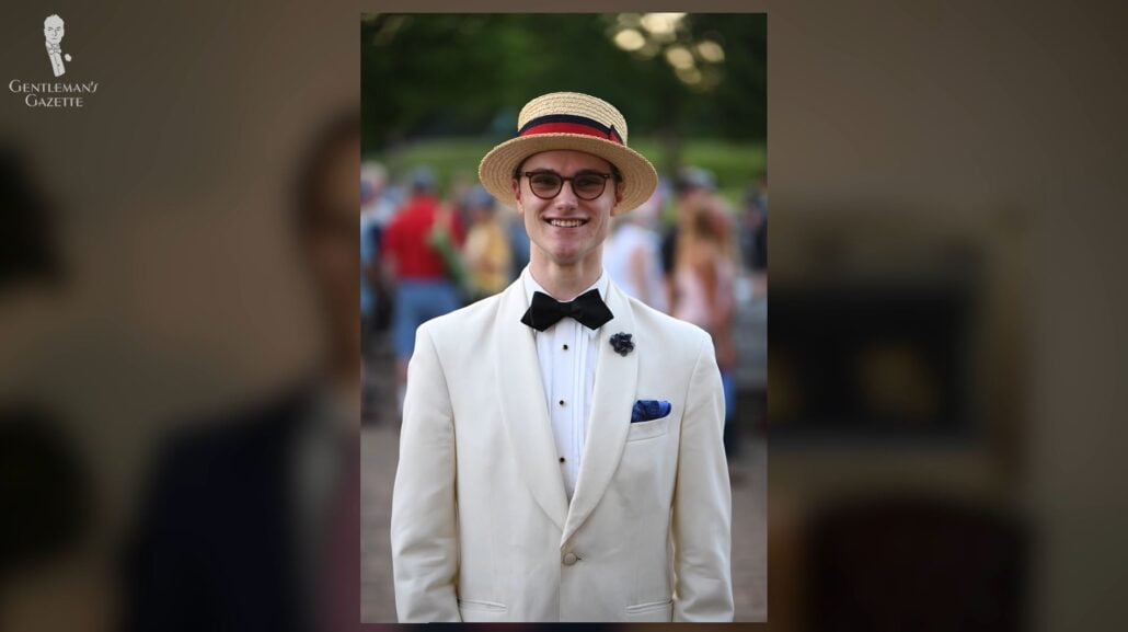 Preston in his single-breasted ivory shawl collar dinner jacket