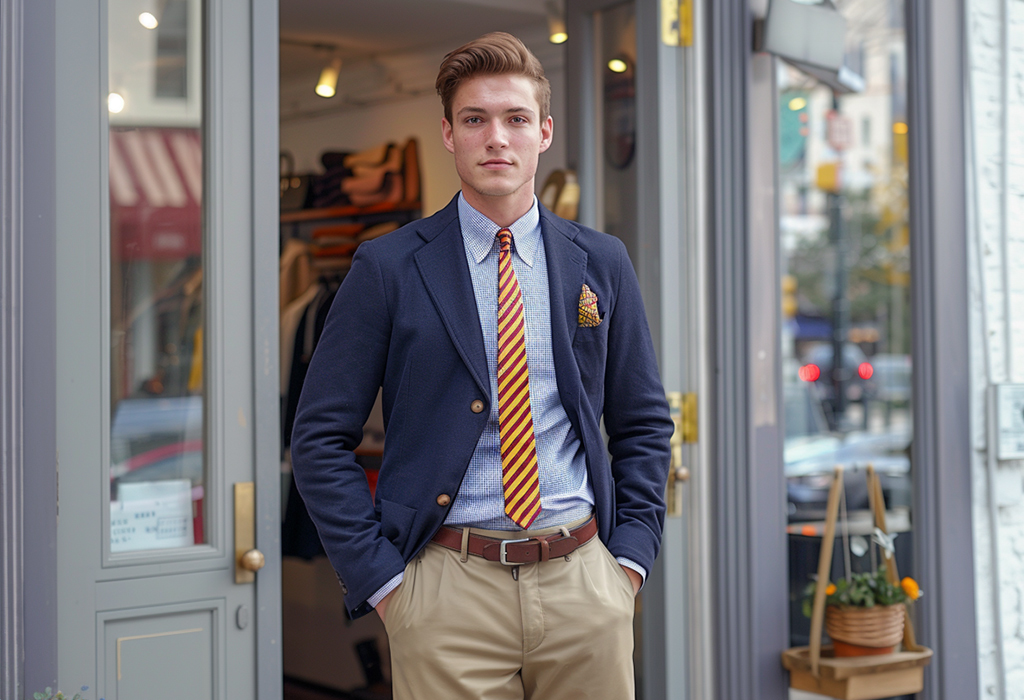 ivy style young man wearing a pair of high-waisted khaki chinos with a  striped oxford shirt 