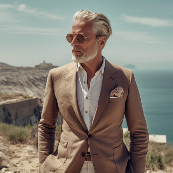 man wearing linen beige suit